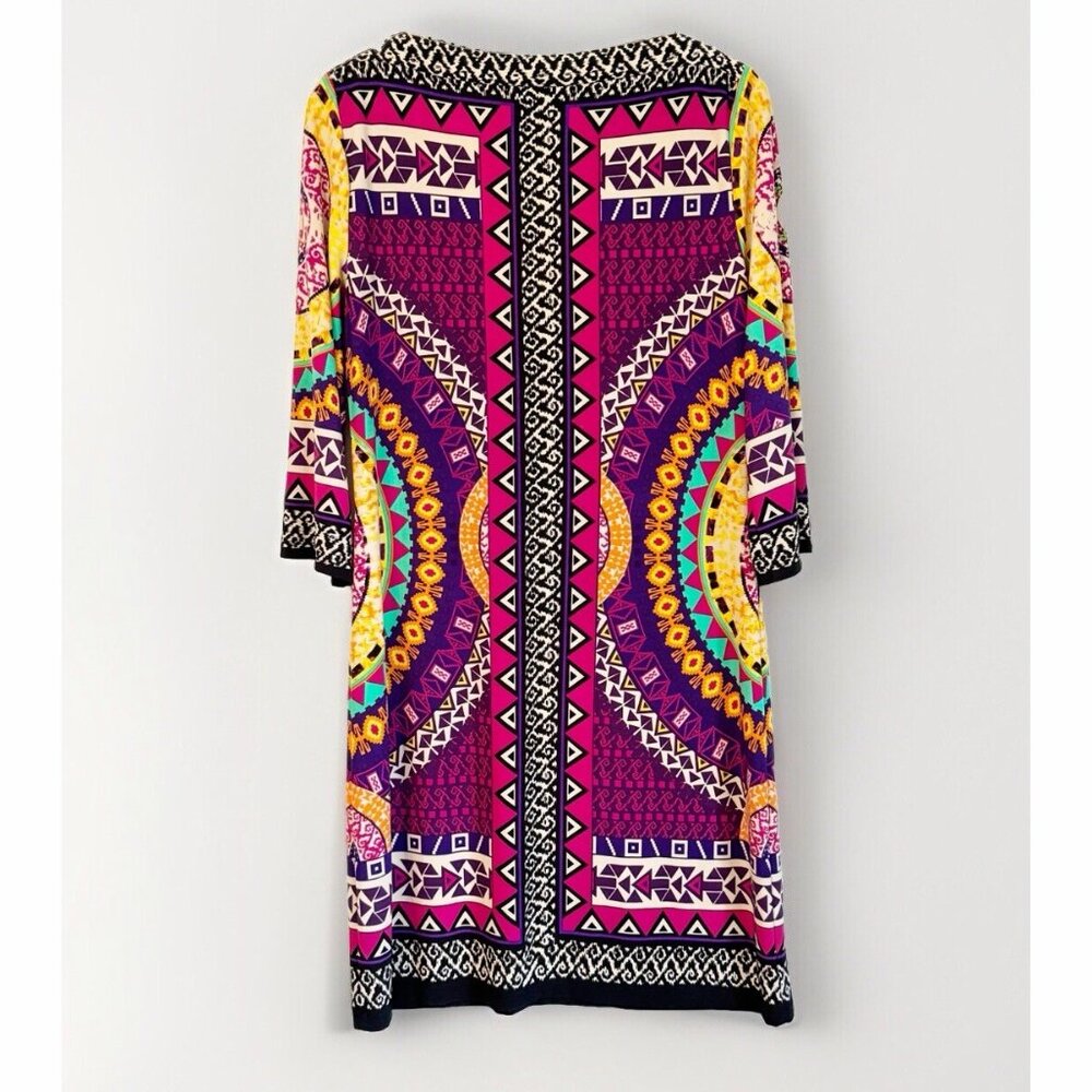 Vintage ICE Geometric Tribal Shift Dress Women’s 8 Multicolor 3/4 Sleeves Boho - Picture 6 of 7